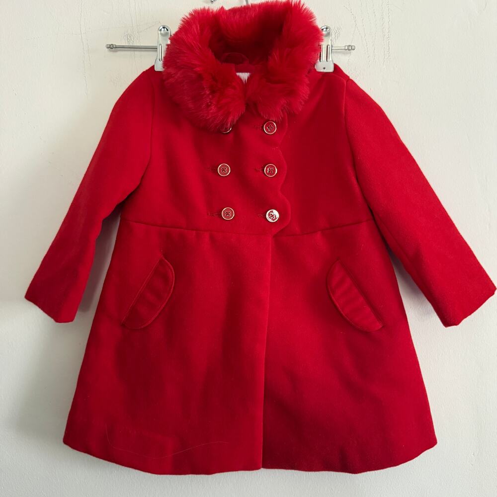 JANIE and JACK | Girl's Red Faux Fur Trimmed Scallop Detail Jacket 18-24 Months